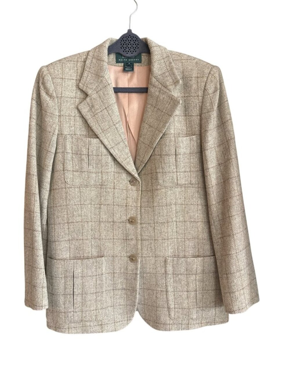Vtg Lauren Ralph Lauren Wool Herringbone Blazer 12 Beige Check Made in USA Lined